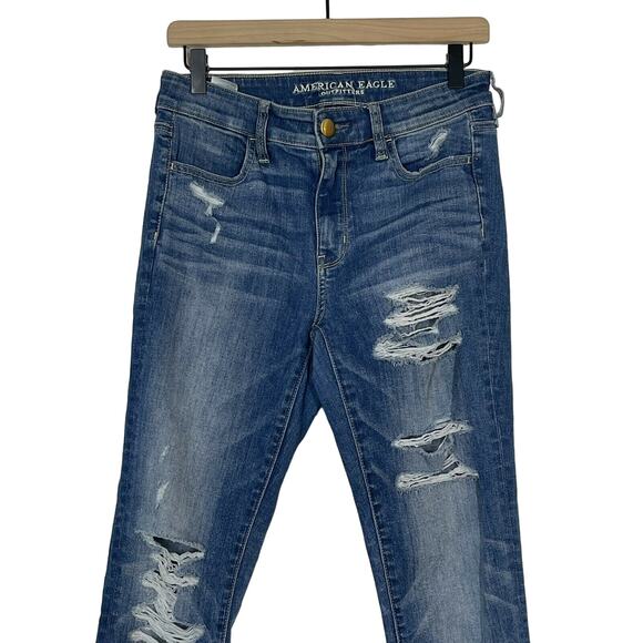 American Eagle Size 4 Super Stretch Hi Rise Jegging Distressed Skinny Blue Jeans - Picture 3 of 10